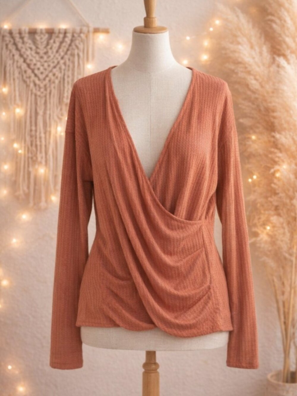 Women's Rust Wrap-Front Long Sleeve Top